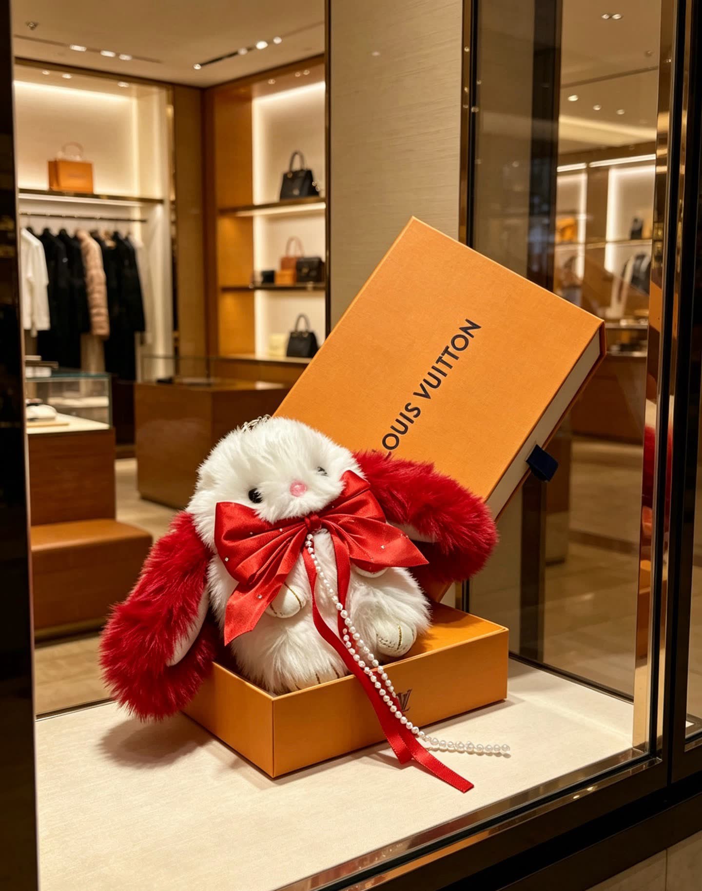 Louis Vuitton Luxury White Rabbit Keychain with Pearls and Ribbons